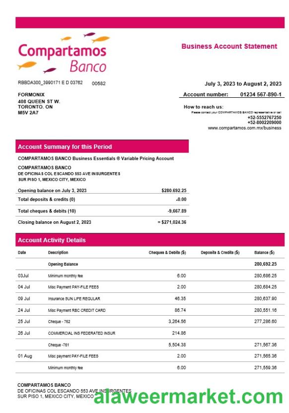Compartamos Banco organization account statement Word and PDF template